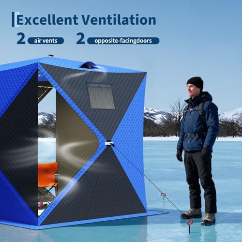 Garvee Pop Up Ice Fishing Shelter and Insulated Ice Fishing Tent with 49ft LED Light Strip, Windproof Portable Hub Design, Fits 1-8 People, 25-69 sq ft Fishable Area, Blue+Black