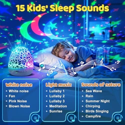 Baby Toys Sensory Toys for Boys Sound Machine Night Light Projector Autism Toys Kids Christmas Gifts | 15 White Noise 3D Films 31Colors Remote Control Night Light for Kids, Baby Boy Gifts Egg Light