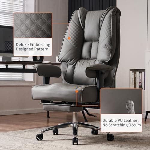EXCEBET Big and Tall Office Chair 400lbs Wide Seat, Leather High Back Executive Office Chair with Foot Rest, Ergonomic Chairs Lumbar Support for Lower Back Pain Relief (Grey)
