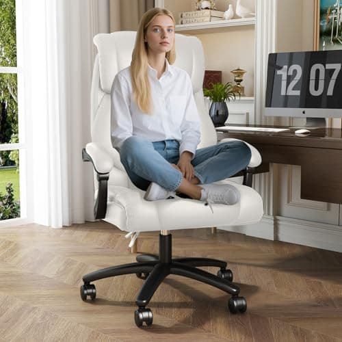 Ollega Reclining Office Chair, Executive Big and Tall Office Chair with Wide Seat, Recliner Leather High Back Computer Desk Chairs (White)