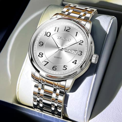 Taxau Watches for Men Stainless Steel Waterproof Two Tone Luxury Casual Silver Wrist Watch Quartz Analog Business Big Face Classic Dress Mens Watches with Day Date