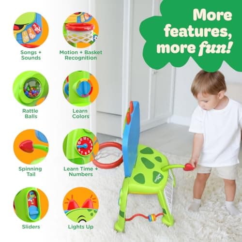 Move2Play, Dinosaur Basketball Hoop & Soccer Goal Activity Center | 30+ Sounds & Songs + 5 Lights | 1 2 3 Year Old for Boys and Girls | Toy & Gift for Baby & Toddlers B0FJSJHNHY