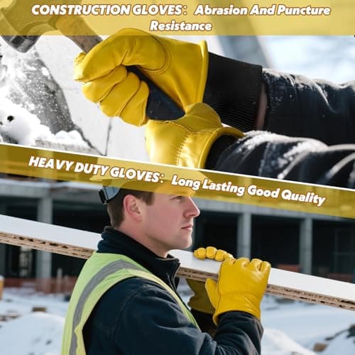 DLY Winter Work Gloves for Men, Water-Resistant, Insulated, Puncture and Abrasion Resistant, Cowhide Leather with Warm Thinsulate Lining for Cold Weather, Large, Yellow, New