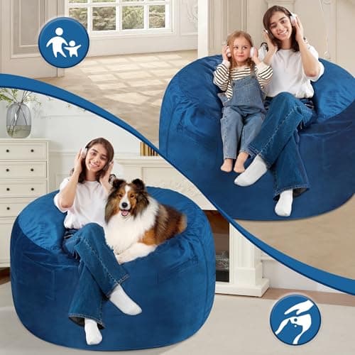 Homguava 3FT Bean Bag Chair: 3' Bean Bags with Memory Foam Filled, Large Beanbag Chairs Soft Sofa with Dutch Velvet Cover-Blue