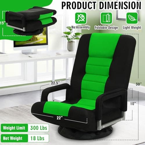 Swivel Floor Gaming Chair w/Armrests,Folding Video Reclining Sofa w/6 Adjustable Position, Padded Backrest & Cushion, Lazy Lounger Couch for E-Sports, Reading, Relaxing, Watching TV, Green