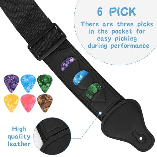 zenjarigily Guitar Strap with 3 Pick Holders, Includes 6 Guitar Picks and a pick box- Adjustable for Acoustic Electric Guitar