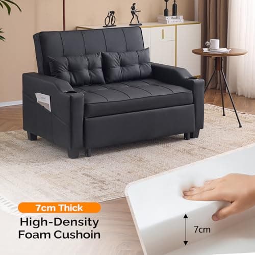 VINGLI Convertible Loveseat Sleeper, Black Faux Leather Futon Sofa Bed Pullout Couch Bed with USB Ports, Cup Holders, Armrest for Living Room, Bedroom, Home Office Apartment