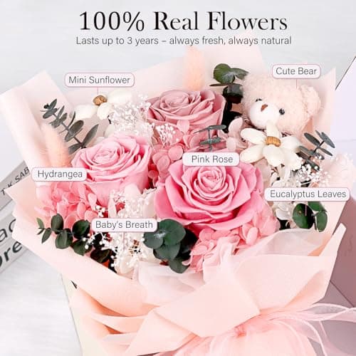 Preserved Flowers Bouquet with Bear, 3 Real Forever Flowers for Delivery, Long-Lasting Pink Eteranl Roses Bouquet Birthday Gifts for Women, Mother, Wife, Her