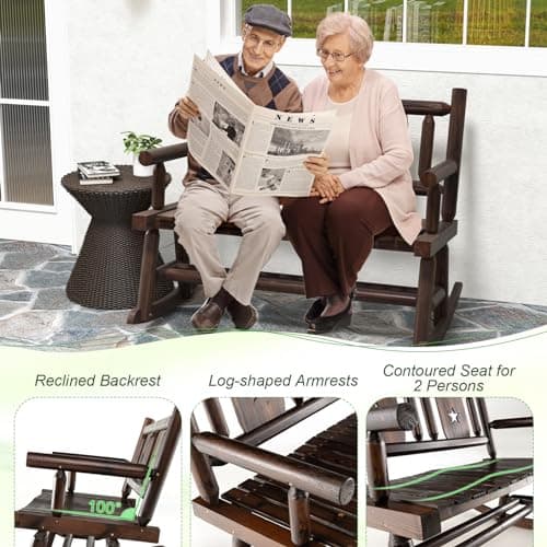 Giantex Outdoor Rocking Bench, Patio Loveseat Rocker for 2 w/Ergonomic Back & Log Arms, Carbonized Fir Wood Frame, Wooden Double Rocking Chair for Porch, Garden, 710 LB Capacity, Rustic Brown
