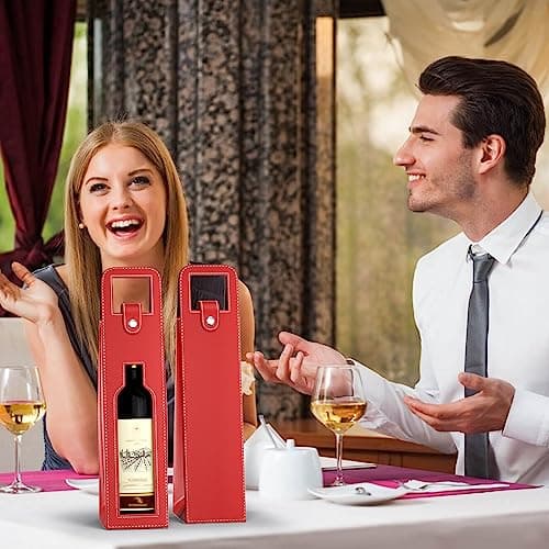 Wine Gift Bag, Reusable Leather Wine Tote Carrier, Single Bottle Champagne Beer Gift Bags Carrier for Birthday, Wedding, Picnic Party, Christmas Gifts (Red)