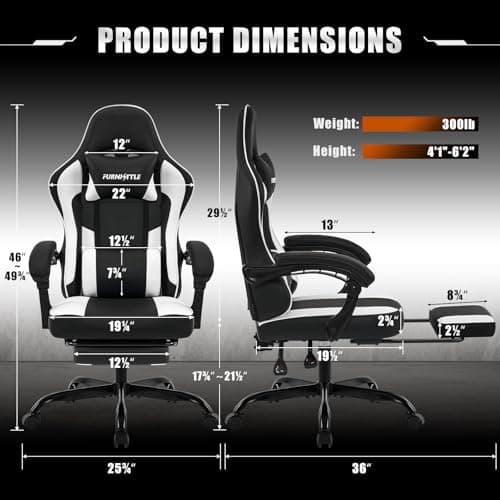 Gaming Chair with Footrest, Reclining Video Game Chairs for Adults with Lumbar Support, Linkage Armrests, Ergonomic Computer Chair for Gaming or Office, PU Black-White