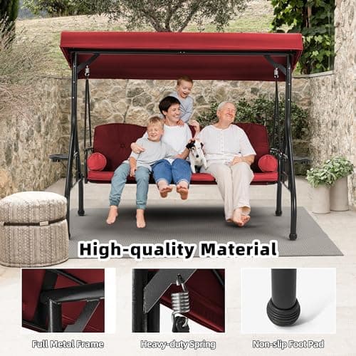 HOMREST 3 Seat Outdoor Porch Swing with Adjustable Canopy, Convertible Patio Swing Bed with Stand, Patio Glider Swing with Upgraded Cup Holder, Thicken Cushions & Pillow for Backyard(Wine Red)