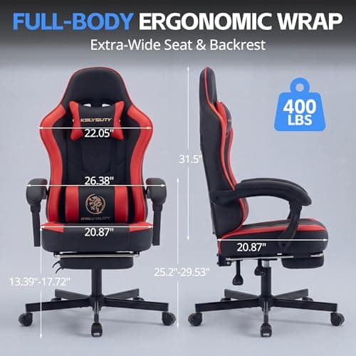 Desk Computer Gaming Chair - High Back Ergonomic Office Chair with Footrest and Lumbar Support, Swivel Comfy Home Gamer Video Game Chairs with Pocket Spring Cushion for Adults (Red Leather)
