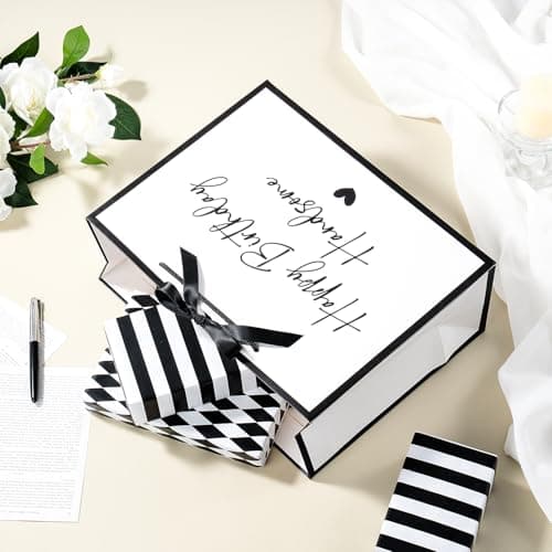 Loveinside 13" Large Birthday Gift Bag, White & Black Happy Birthday Handsome Elegant Script Design Party Bag with Bow Ribbon for Men, Husband, Boyfriend, Party Gift, 13" x 5" x 10", 1 Pcs B0GGZD2DT9