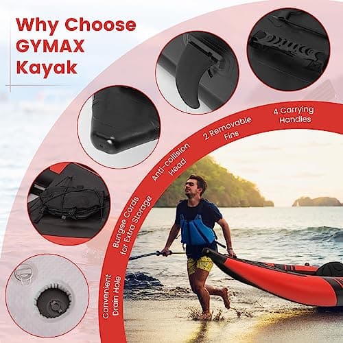 GYMAX Inflatable Kayak, 12.5Ft 507lbs Tandem Kayak with 2 Aluminum Paddles, 2 Padded Seats, Footrests, 2 Fins, Hand Pump, Carry Bag & Repair Kit, 2 Person Fishing Touring Kayak for Adults