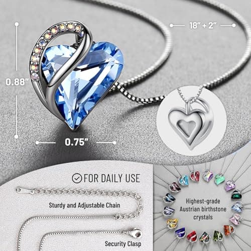 Leafael Necklaces for Women, Infinity Love Birthstone Heart Crystal Pendant, Birthday Jewelry Gifts for Her, Mom, and Wife, Silver Plated, 18 plus 2 inch Adjustable Chain