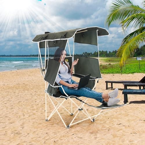 Nice C Chair with Canopy, Umbrella Chairs, Chair with Shades, Sports Chairs, w/Removable Footrest, Cooler Bag, Cup Holder for Camping, Fishing, Sports, Soccer, Beach (1-P Green)
