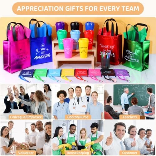 48 Pcs/8 Sets Employee Appreciation Gifts Bulk - Includes Thank You Gift Bags with Tissue Paper Notebooks Pens Cups Keychains - Thank You Gifts for Coworkers Teachers Staff Team Volunteers (Colorful) B0G5DCYSHJ