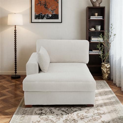 Oversized Chaise Lounge Chair Indoor with Left Armrest, Comfy Upholstered Sofa Bed Recliner Chair for Living Room, Corduroy Reading Seat Cloud Couch w/Solid Wood Frame - Sea Salt Grey
