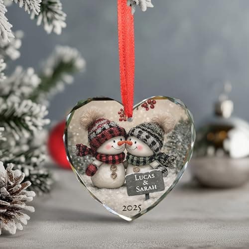 Noni Personalized Couple Heart Glass Ornament, Custom Names Printed and Year 2025, Snowman Couple Art Clear Faceted Tree Keepsake, Gifts for Couples, Gifts for Christmas