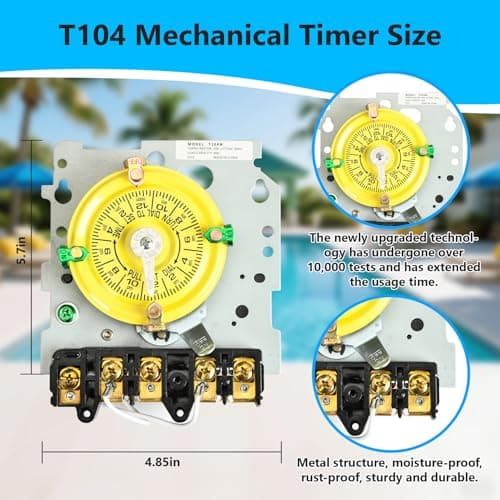 T104M Pool Timer Mechanism Only, 208-277V DPST 40A Time Switch, Pool Pump Timer, Heavy-Duty Mechanical Time Switches, 24 Hour 12 ON/Off for Pool Pump,Time Switch Mechanism Only, 6 Years Warranty