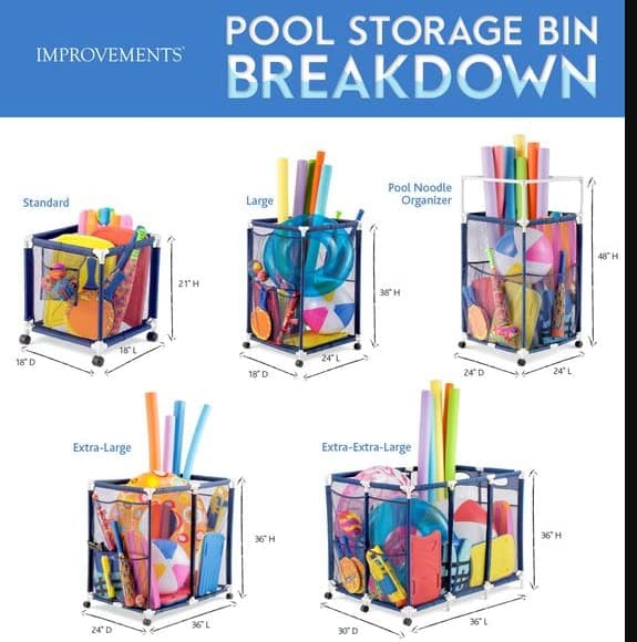 Modern Blue Pool Storage Bin - XX-Large | Nylon Mesh Basket Organizer For Your Goggles, Beach Balls, Floats, Swim Toys & Accessories | Air Dry Items Quickly & Easily Roll To Your Home Garage or Shed