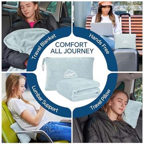 Ultra-soft Airplane Blanket, Luggage Sleeve & Backpack Clip, Travel Essentials for Women, Foldable as Pillow for Long Flight BEDELITE Travel Blanket with Bag, Jacquard Fleece Blanket 65"x40", Blue B0CNJS15T4