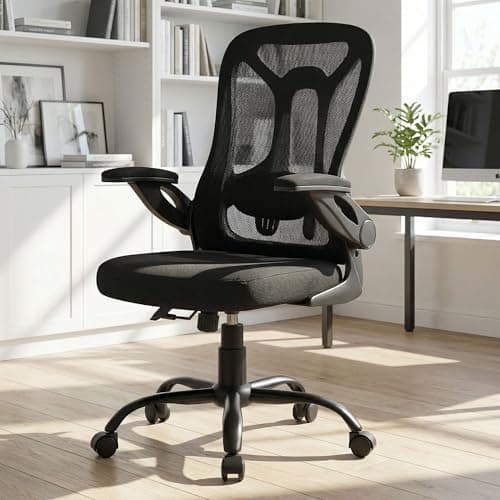 Ergonomic Office Chair, 300 lbs Heavy Duty Mesh Computer Chair with Adjustable Lumbar Support, 90° Flip-up Arms Space Saving Desk Chair, Mid Back Breathable Task Chair for Home Office, Black