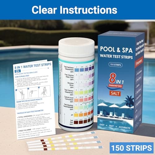 All-New 2026 8-in-1 Pool Test Strips -150 CT Pool Salt Test Strips | Salt Water Pool Testing Kit for Salt Water Pools, in & Above-Ground Pools, Hot Tubs&Spas| Quick&Accurate Testing Chlorine,pH,Salt