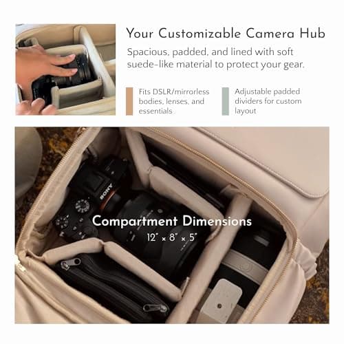 Ruby Camera Backpack – Sleek, Durable Vegan Leather Bag with Gear Dividers, Laptop Compartment, and Side Access for Cameras & Gear, Brown