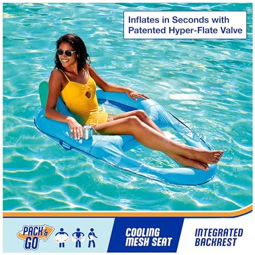 SwimWays Spring Float Premium Recliner Pool Lounger, Inflatable Pool Floats Adult with Fast Inflation for Ages 15 & Up, Sky Blue