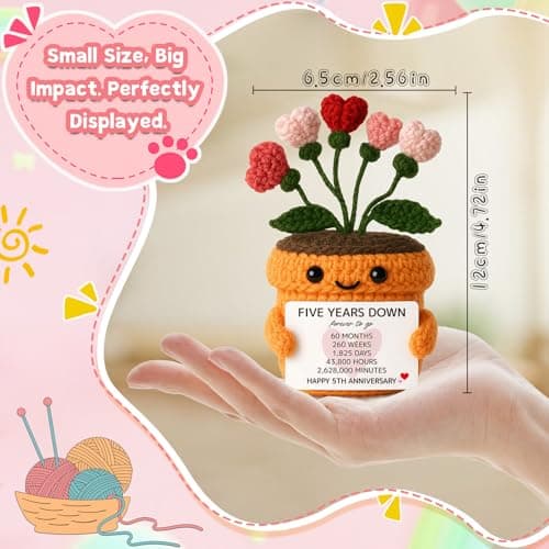 MAMAGIFTREE 5th Anniversary Wedding Gift for Couple - Handmade Crochet Heart Flower Plush with Romantic Message - Five Years Down Forever to Go Keepsake for Wife, Husband, Boyfriend, Girlfriend