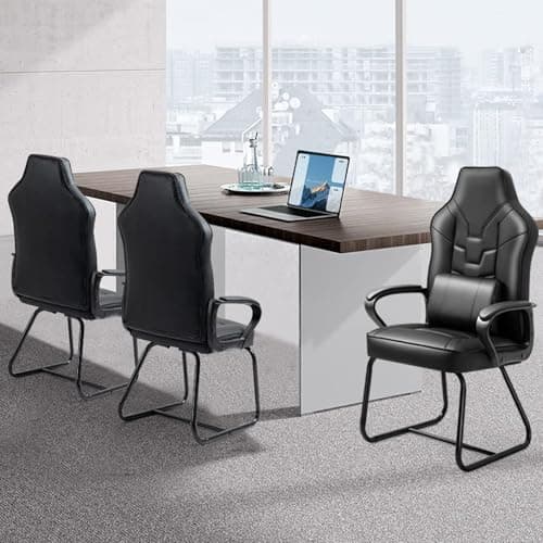 Leather Office Guest Chair No Wheels High Back Computer Reception Chairs with Padded Arms Waist Pillow for Gaming Meeting Conference Waiting Room, Black