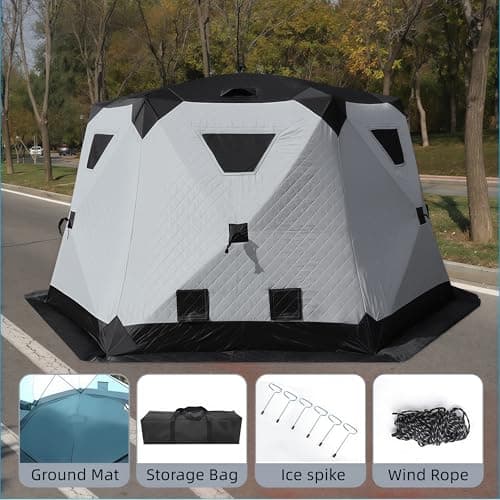 8-12Person Ice Fishing Tent with Stove Jack and Floor Portable ICES Fishings Shelter 210D Insulated Layer Oxford Cloth Hexagon Shanty Pop-Up Fish Tent for Winter Camping Fishing