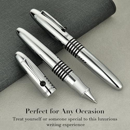BEILUNER 320 Silver Chrome Rollerball - Stunning Luxury Pen with Chrome Finish, EDC, Heavy, Schmidt Black Ink Refill, Best Gift Set for Men & Women, Professional, Executive Office, Nice Classic Pens