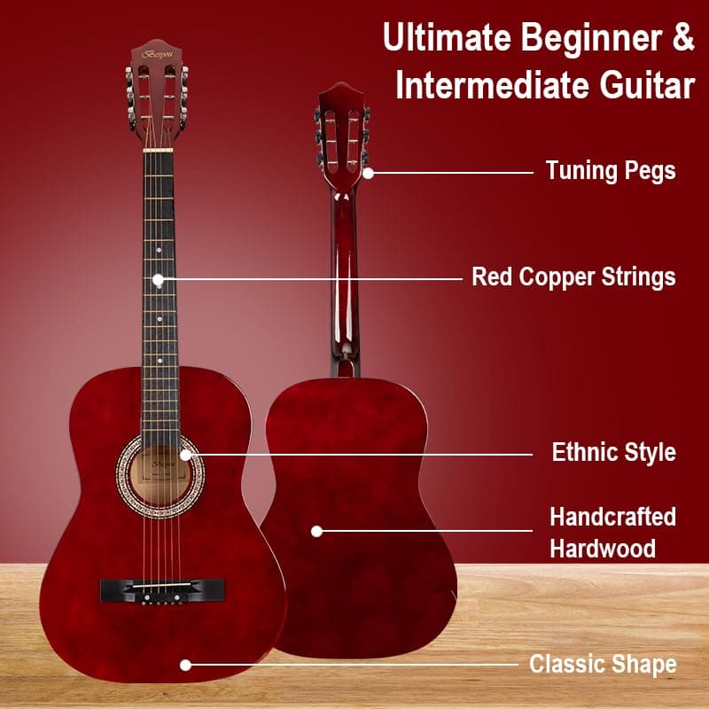 BESYOU 38in Beginner Acoustic Travel Guitar Basic Starter Kit Tuner Capo Strings Winders Strap Picks Pickguard with Gig Bag Starter Practice Guitar For Kids Teens Students Adults