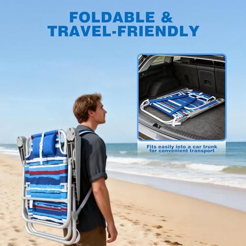 SUNNYFEEL Extra Wide Low Beach Chair 5 Position Lay Flat 500 LBS Heavy Duty, XL Oversized Portable Folding Camping Chairs with Cup Holder for Outdoor/Trip, Lightweight Backpack Beach Chair for Adults