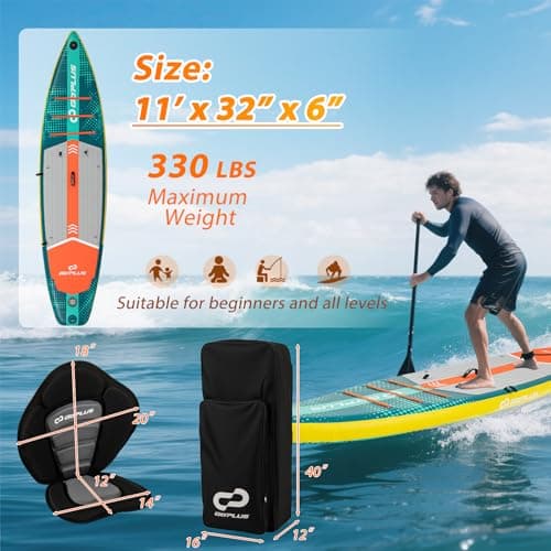 Goplus Inflatable Stand Up Paddle Board for Adults, 11FT SUP w/Premium Kayak Seat, Adjustable Paddle, Leash, Hand Pump, Repair Kit, Waterproof Phone Pouch, Backpack, Non-Slip Deck