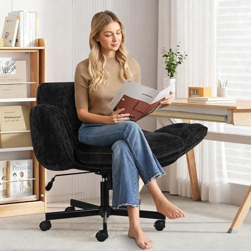 Criss Cross Chair with Wheels & Arms, Chenille Cross Legged Office Chair with 5-level Folding Armrest, Comfortable Adjustable Swivel Vanity Chair for Home, Make Up, Bed Room, Office, Accent (Black).