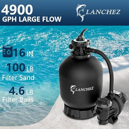 LANCHEZ 16" Sand Filter with 1.5 HP Pool Pump, Digital Programmer Timer, 4900 GPH for Above Ground Pool Pump Set Up to 16000 Gallons, 7-Way Valve Sand Filter Pump System