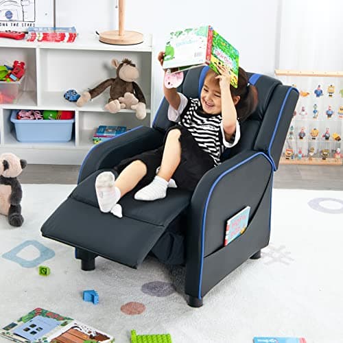 Costzon Kids Recliner, Gaming Recliner Chair w/Side Pockets, Footrest, Headrest & Lumbar Support for Kids Room & Play Room, Adjustable Racing Style Leather Sofa for Children Boys Girls (Blue, Black)