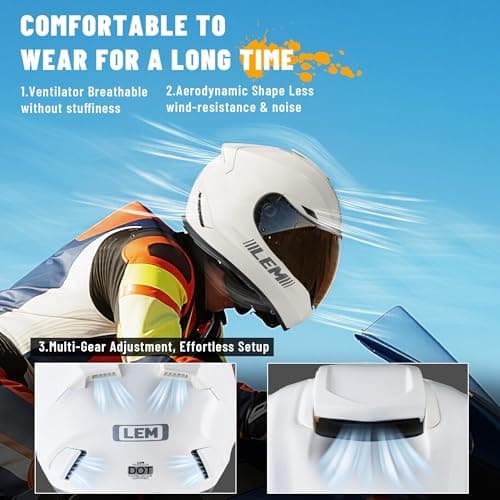 LEM Motorcycle Helmets Full Face, Helmets for Men DOT Certified, PINLOCK & DVS Dual Vision, Motorcycle Street Bike Helmet for Adults Fiberglass Shell Bluetooth Ready for Cruiser(White, Size M)
