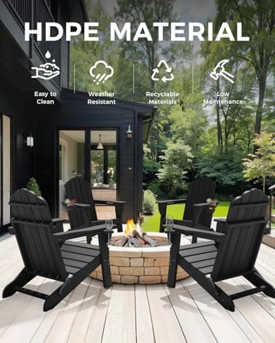 Folding Adirondack Chair,All-Weather HDPE Fire Pit Chair with 2 Cup Holders, Plastic Outdoor Chair for Patio Deck Garden Lawn, Black