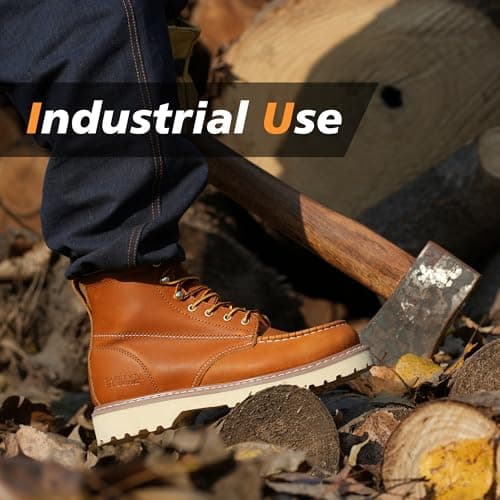 SAFETY LOONG Moc Toe Work Boots for Men Soft Toe Comfortable Full-Grain Leather 6" Non Slip and Water Resistant Safety Ankle Workboots