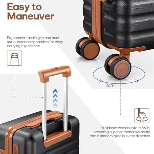 UKEIN Luggage Sets 3 Piece, Carry On Luggage 20In With Spinner Wheels,PC Hardside Suitcase Set with TSA Lock,Durable Carry On Suitcase With Travel Backpack for Men (Black, 3 piece set (20inch))