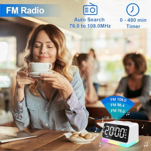 JALL Digital Alarm Clock with FM Radio for Bedroom, 8 Colors Night Light with Charging Port, Sleep Sound Machines with Timer, Dual Alarm (White with White Font)