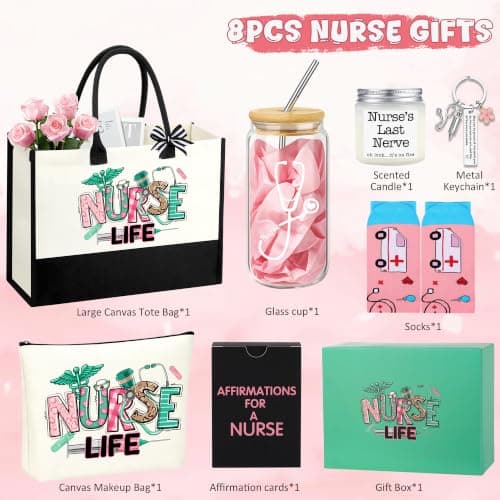 Nurses Week Gifts Birthday Gift for Nurses Gifts, Nursing Student with Canvas Bag Socks Affirmations Cards 16 Oz Can Glass DOGMEM Nurse Gifts Nurse Appreciation Gift Set for Women B0CY2C791K