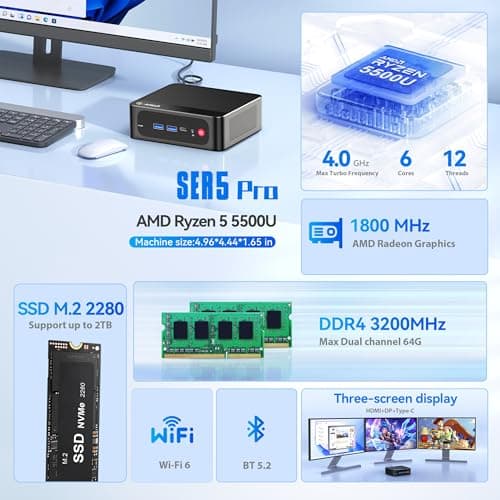 Beelink Ser5 Pro mini PC, AMD Ryzen 5 5500U (Up to 4.0GHz,6C/12T), 16GB DDR4 500GB PCle SSD,mini Computer Support 4K Triple Display/2.5G LAN/WiFi6/BT5.2, Home/Office Mini Desktop Computer