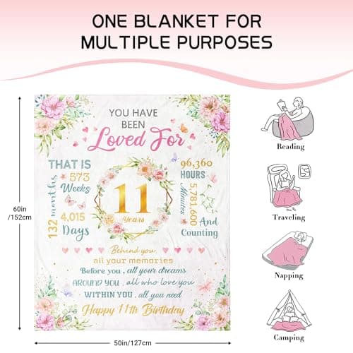 Birthday Gifts for 11 Year Old Girls, 11 Year Old Girl Birthday Gifts, 11th Birthday Decorations Gifts for Girls, Best Birthday Presents Ideas for 11 Yr Old Girl Throw Blanket 60"x50"
