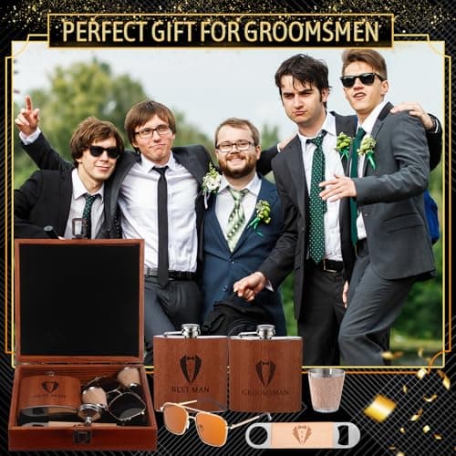 Complete Proposal Gift Set, Box, Flasks, Sunglasses, Funnel, Bottle Opener, Wooden Cups, Bachelor Party Favor 42 Pcs Groomsmen Gifts Set of 6 Wedding Best Man Gift, Brown B0G6ZNR6MC